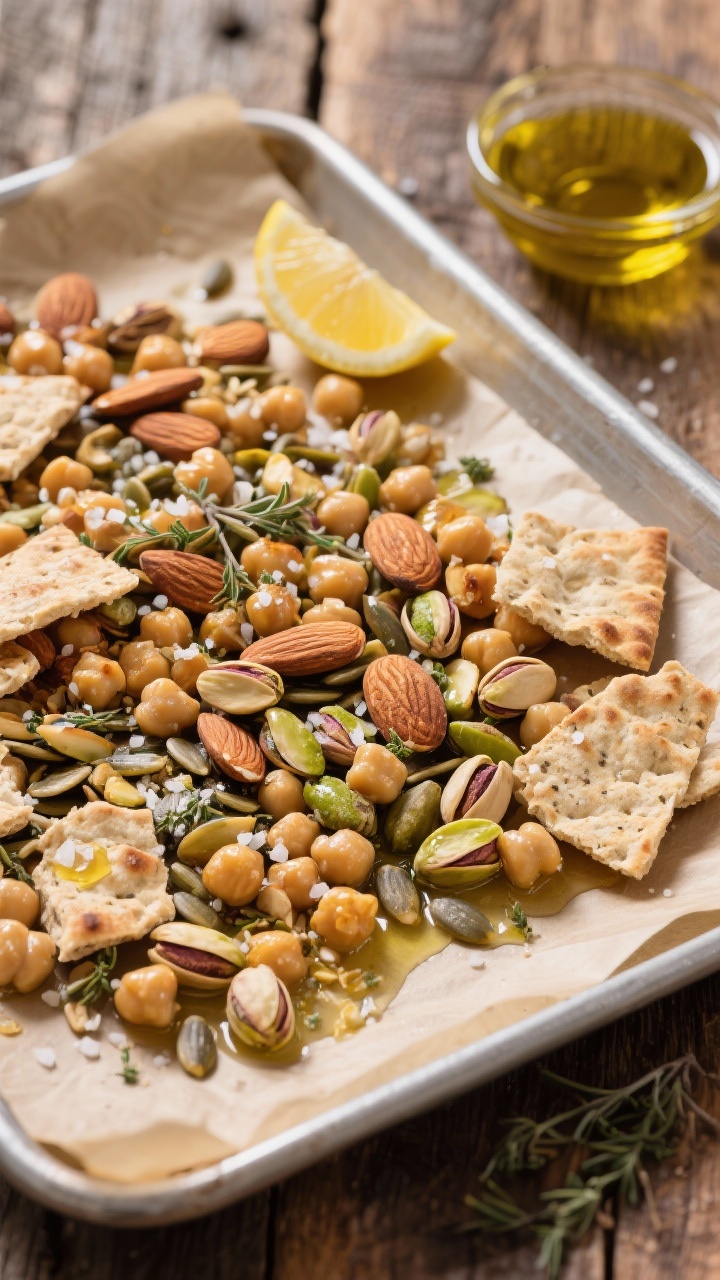 45-degree angle ingredient-prep shot for Mediterranean Mingle Mix: a parchment-lined sheet pan with olive oil–tossed components ready to roast and mingle—roasted chickpeas, raw almonds, shelled pistachios, sunflower seeds, and broken whole-grain pita chips—sprinkled with sea salt and a hint of dried oregano; a small glass bowl of golden olive oil and a lemon wedge nearby; rustic wood backdrop, vibrant Mediterranean palette, sharp detail on textures.