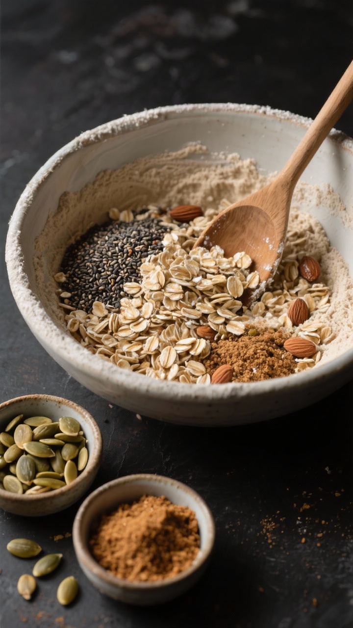45-degree angle ingredient prep shot for Nutty Superfood Pumpkin Spice Breakfast Cookies: a large mixing bowl with a rustic wooden spoon folding together old-fashioned rolled oats and quick oats, almond flour dusting the rim, visible chia seeds and flaxseed meal speckling the mixture. Small ceramic pinch bowls hold pumpkin seeds (pepitas) and sunflower seeds, ready to scatter. Autumnal tones, matte dark slate background, focus on the layered textures of grains and seeds, no people, professional studio lighting.