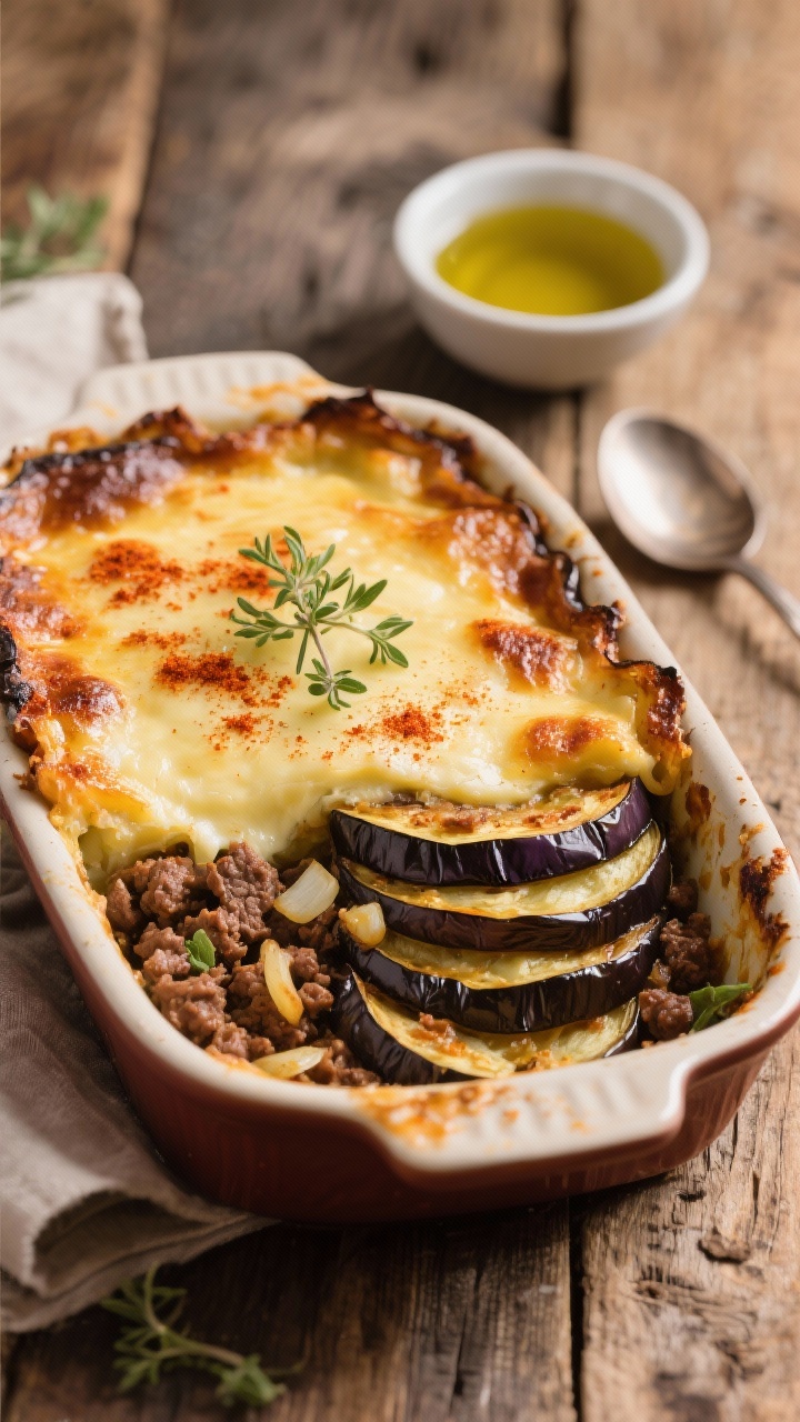 45-degree angle Moussaka-inspired Eggplant Casserole (no potatoes): 1/3-inch roasted eggplant rounds layered with spiced ground beef or lamb sautéed with finely chopped onion and garlic, hints of cinnamon/oregano, topped with a creamy, golden cheese custard layer; edges caramelized, paprika dusting, oregano sprigs; served in a ceramic baking dish on a rustic wooden table with a small bowl of olive oil and a spoon, warm Mediterranean tones.