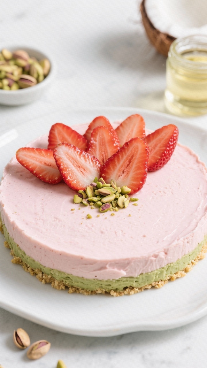 45-degree angle no-bake Strawberry Cheesecake Pie with a pale green pistachio crust: smooth blush-pink cheesecake filling set in a raw crust made from finely ground pistachios, almond flour, granulated erythritol, and melted coconut oil. Topped with glossy fresh strawberry slices arranged in a fan, tiny pistachio crumble around the rim. Clean, bright daylight on a white ceramic plate; a small dish of raw pistachios and a jar of coconut oil in the background.