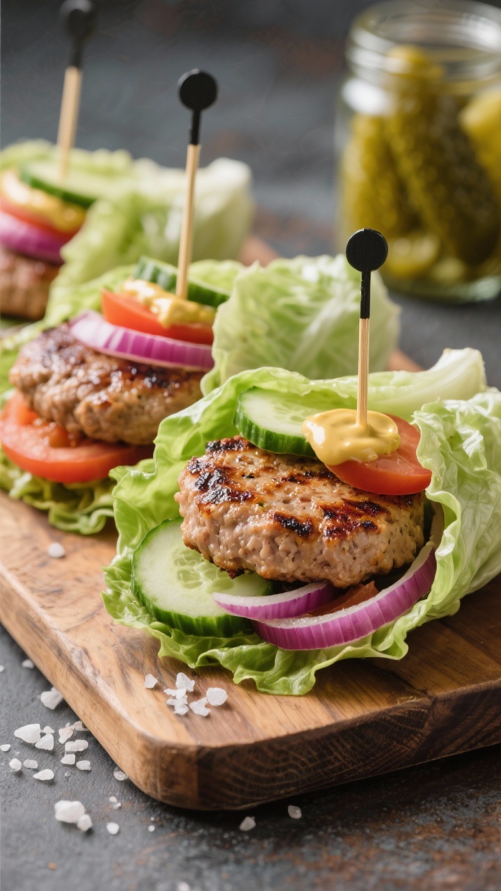 45-degree angle of juicy turkey burger lettuce wraps: seared turkey patties with visible char, wrapped in crisp butter lettuce, layered with quick pickles (thin cucumber coins), tomato slices, red onion, and a swipe of mustard-mayo; toothpicks securing the wraps, extra quick-pickle jar in background, on a wooden board with a few sea salt flakes.