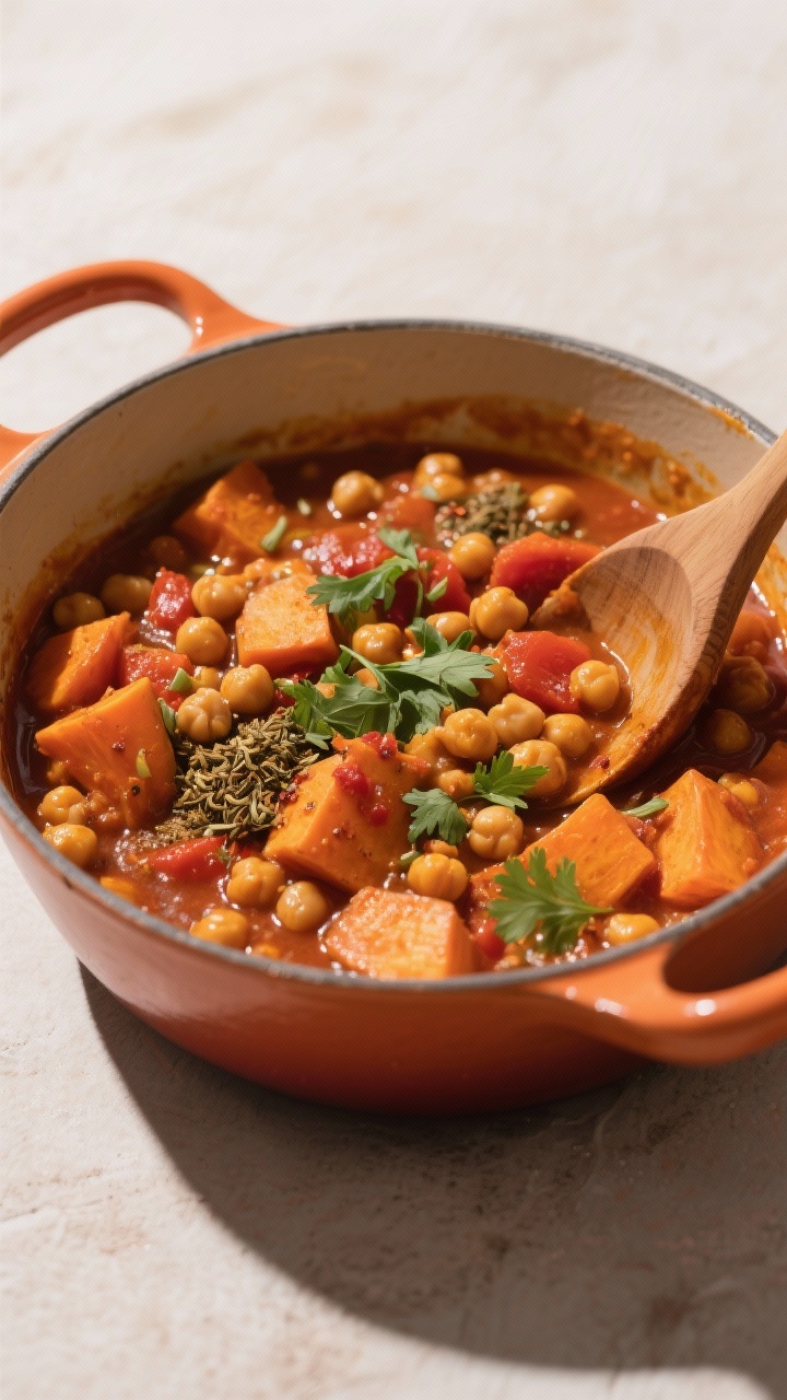 45-degree angle of spiced Moroccan chickpea and sweet potato stew bubbling in a wide braiser: chunky orange sweet potatoes and plump chickpeas coated in a tomato paste base, fragrant with cumin, coriander, cinnamon, smoked paprika, and a whisper of cayenne; garnished with cilantro; warm, earthy styling with terracotta tones and a wooden spoon mid-stir.