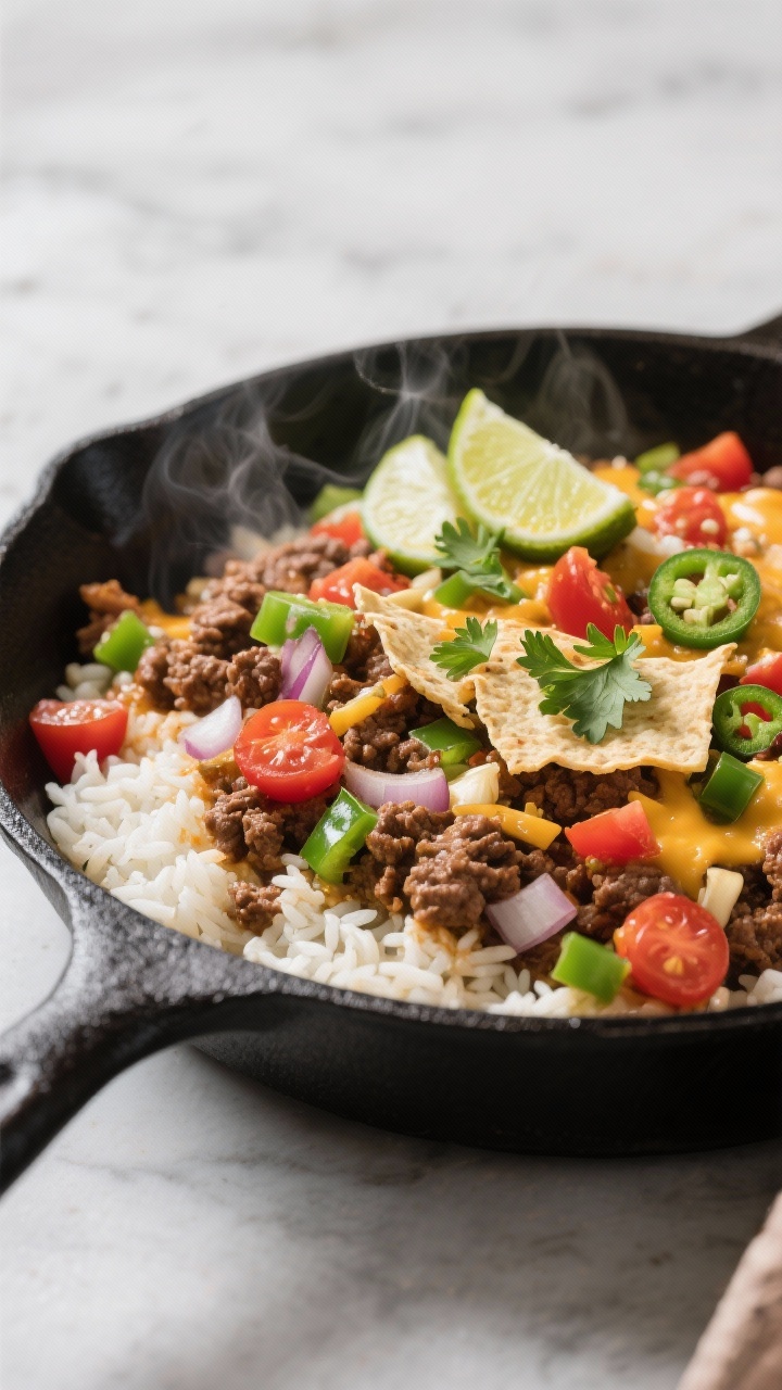 45-degree angle one-pan Tex-Mex beef and rice casserole in a black skillet: browned ground beef with diced onion, green bell pepper, minced garlic, uncooked long-grain white rice now tender and fluffy, studded with tomatoes and green chiles, finished with a crunchy salsa-tortilla topping; garnished with cilantro and lime wedges, a little melted cheddar peeking through, vibrant reds and greens, savory steam rising, bright, energetic weeknight vibe.
