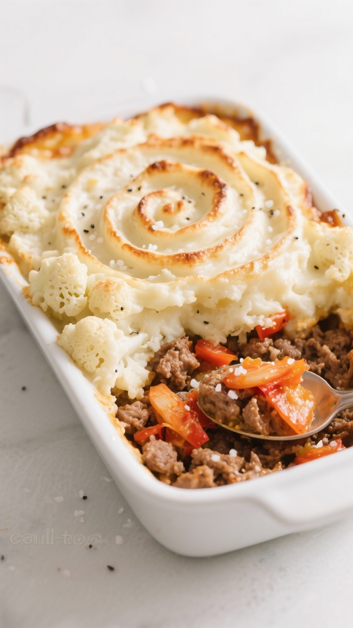 45-degree angle plated cottage pie: zesty ground turkey base topped with a cauliflower mash “cauli-top” swirled and lightly browned. The mash looks ultra creamy from cream cheese and butter, speckled with white pepper; pockets of chopped kimchi folded through give pops of orange-red. Served in a white ceramic baking dish with a spoonful removed to reveal the turkey layer; garnished with a few extra kimchi pieces and a sprinkle of salt. Clean, bright lighting, minimal props.