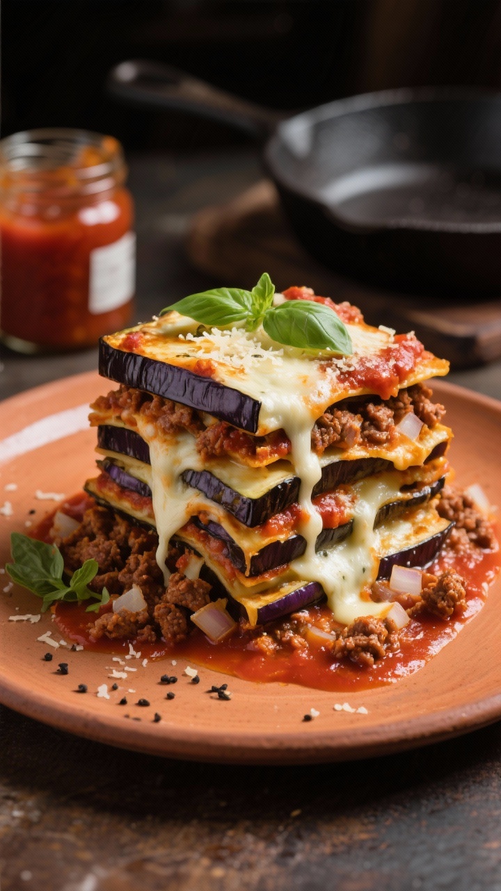 45-degree angle plated Eggplant Parm Lasagna Stack: tall layers of 1/4-inch eggplant planks brushed with olive oil, rich low-sugar marinara, crumbled browned Italian sausage with sautéed diced onion, melted mozzarella and Parmesan cascading down the sides; served on a warm-toned ceramic plate with extra marinara swiped underneath, flecks of black pepper and torn basil, molten cheese pull, background props include a jar of marinara and a cast-iron skillet, moody Italian trattoria vibe.