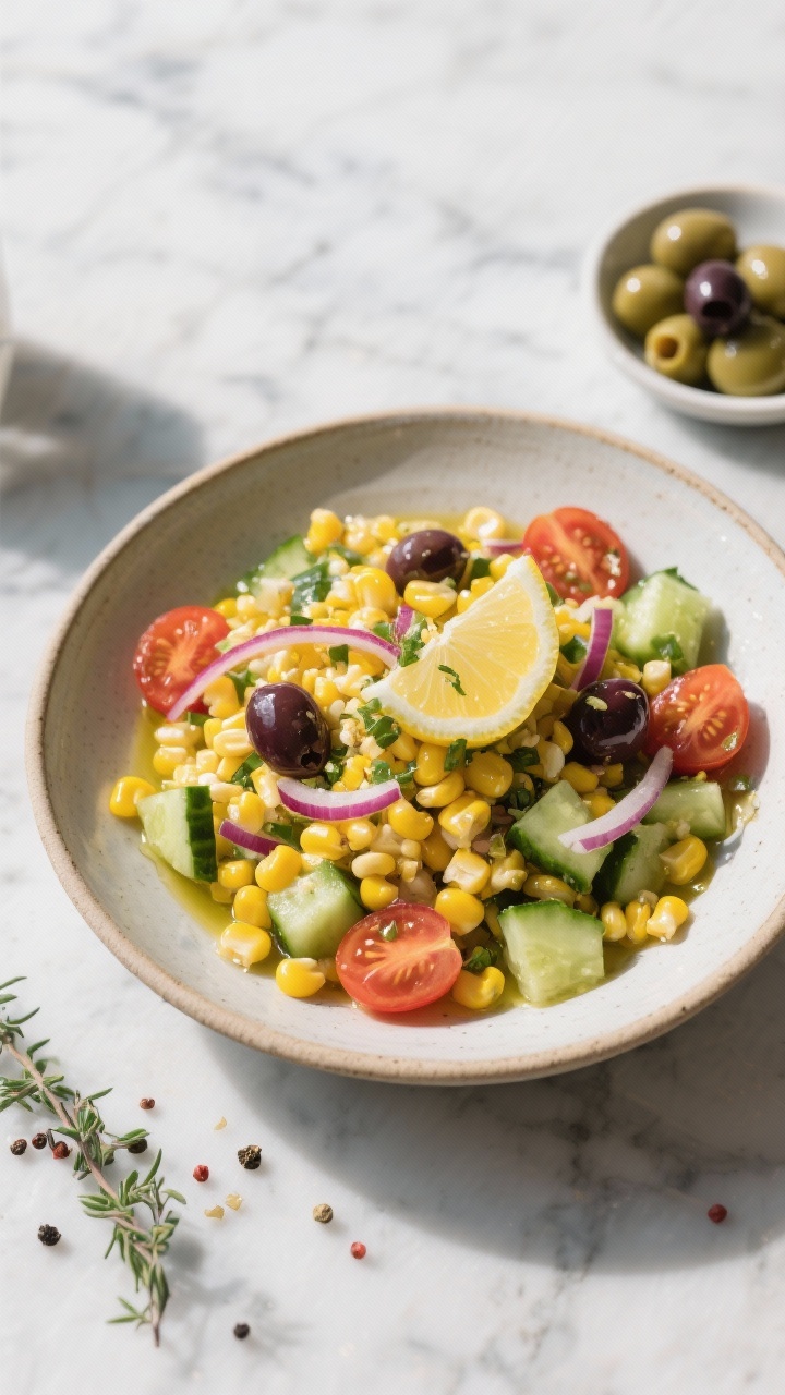 45-degree angle plated Mediterranean corn and cucumber crunch bowl: bright corn kernels, diced English cucumber, halved grape tomatoes, chopped Kalamata olives, and thin slivers of red onion, drizzled with olive oil and a squeeze of lemon; served in a shallow ceramic bowl with oregano and cracked pepper, set on a cool marble surface with a small dish of olives nearby for a fresh coastal feel