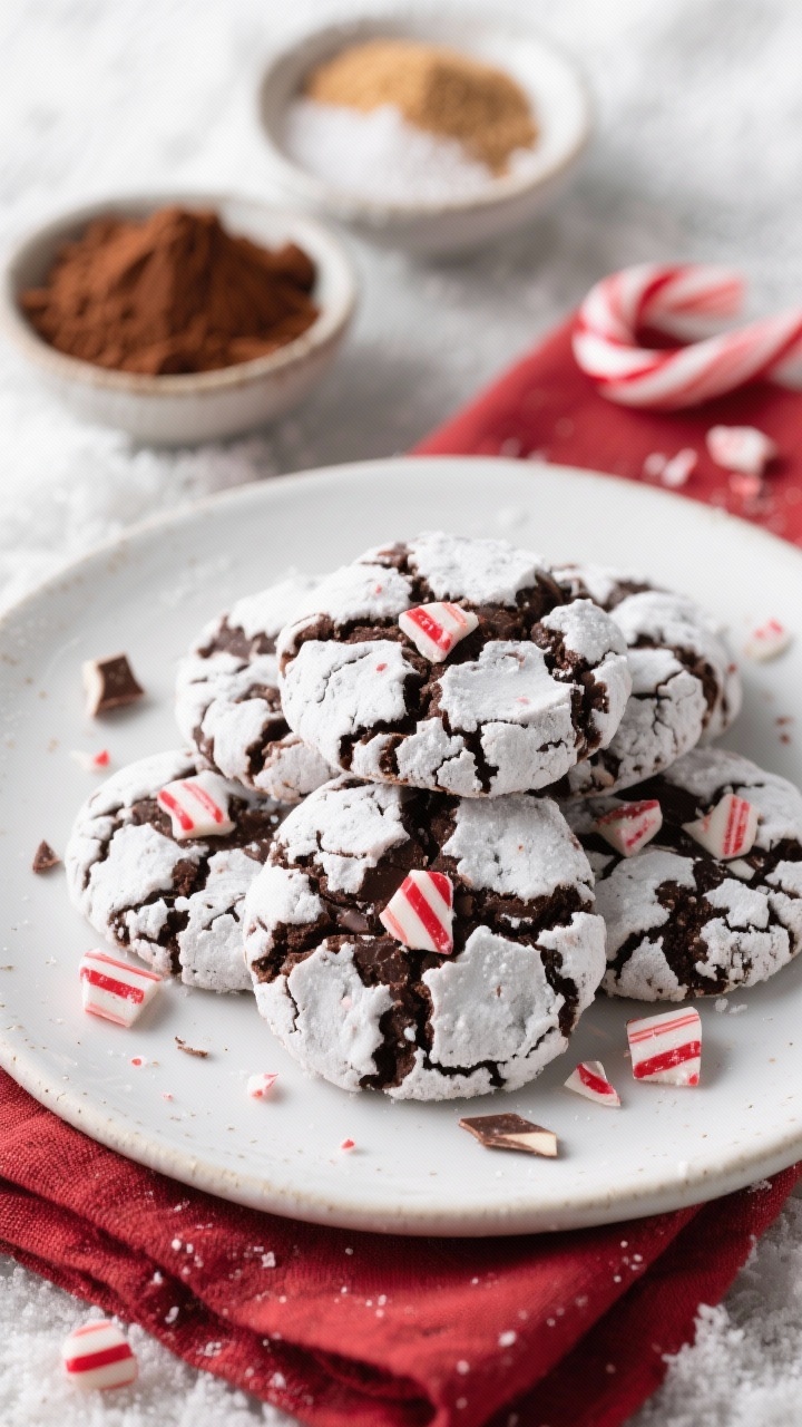 45-degree angle plated presentation: Double-mint peppermint bark crinkle cookies piled on a white stoneware plate, each cookie studded with shards of glossy peppermint bark and faint red candy cane flecks, bold crinkles of powdered sugar against dark cocoa. In the background, an ingredient vignette: Dutch-process cocoa, granulated and light brown sugar, fine sea salt, baking powder, and crushed candy canes in a small dish. Cool wintery styling with a crimson linen napkin and scattered peppermint bark pieces; shallow depth of field to highlight the double-mint details.