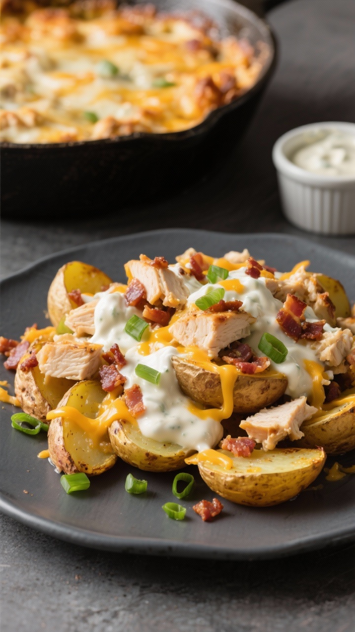 45-degree angle plated presentation of a Loaded Potato Ranch Bake (no pasta): roasted baby gold potato quarters with crispy edges, tossed with diced chicken, thick ranch and sour cream coating, studded with crumbled bacon; melted blend of cheddar and mozzarella pulling in strands; garnished with sliced scallions on a matte charcoal plate; background shows a rustic pan with remaining casserole and a ramekin of ranch for drizzling.