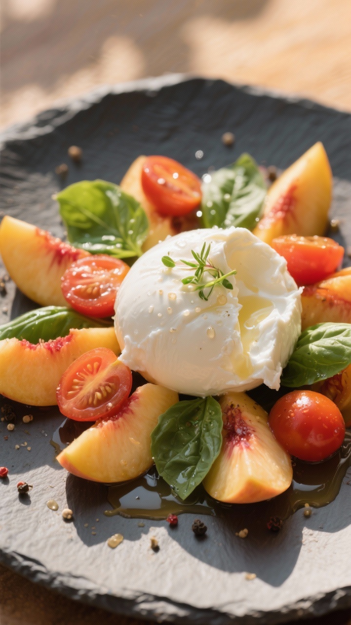 45-degree angle plated presentation of a peach caprese with burrata: ripe peach wedges fanned around torn creamy burrata, halved cherry/grape tomatoes, and whole basil leaves; a delicate drizzle of white balsamic glistening on top, micro droplets visible; served on a matte slate plate with a few cracked pepper flecks; soft golden afternoon light, Italian summer mood.