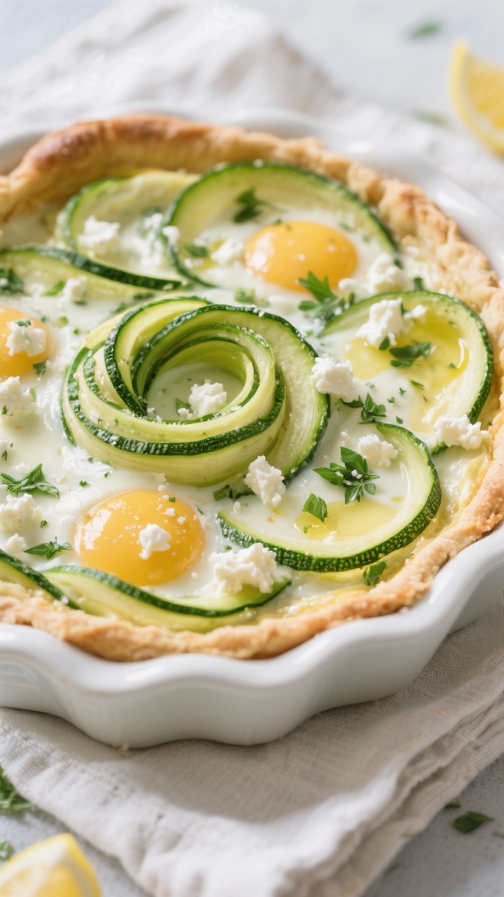 45-degree angle plated presentation of a Zucchini Ribbon Nest Quiche with Herby Feta: zucchini ribbons salted and spiraled to form a green nest “crust,” filled with a pale, silky egg mixture of 5 eggs, heavy cream, and full-fat Greek yogurt, studded with crumbled feta and chopped tender herbs; baked in a white ceramic dish, garnished with extra feta and a drizzle of olive oil; bright, fresh mood with green-and-white palette, placed on a linen napkin, lemony highlights and crisp edges of zucchini visible.