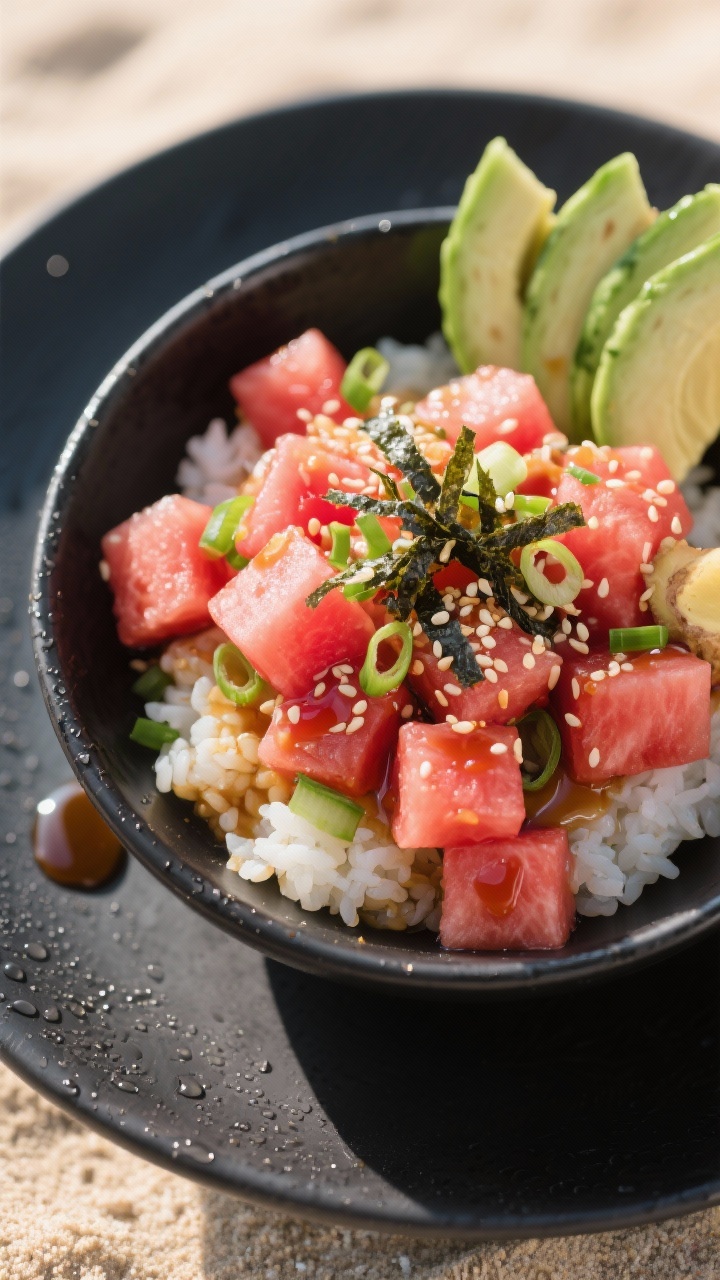 45-degree angle plated presentation of watermelon poke bowls in matte black bowls: 1/2-inch cubes of seedless watermelon marinated in low-sodium soy/tamari, rice vinegar, toasted sesame oil, grated fresh ginger, and a touch of sriracha; garnished with sesame seeds, sliced scallions, and thin ribbons of nori; served over chilled sushi rice with cucumber and avocado fans on the side; glossy marinade pooling slightly at the bottom; beachy, vacation vibe with soft daylight and condensation on the bowl.
