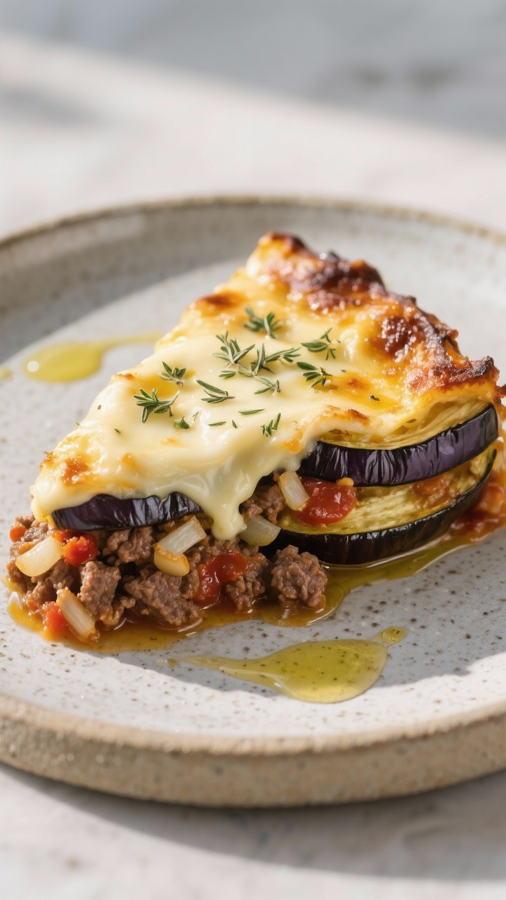 45-degree angle plated slice of Greek-inspired moussaka with eggplant and beef: thick, well-defined layers of roasted eggplant rounds brushed with olive oil, savory ground beef (or lamb) with finely diced onion, garlic, and tomato sauce, topped with a golden, creamy keto béchamel; edges slightly caramelized, sprinkled with dried oregano; served on a stoneware plate with a drizzle of olive oil; Mediterranean mood, cool daylight.