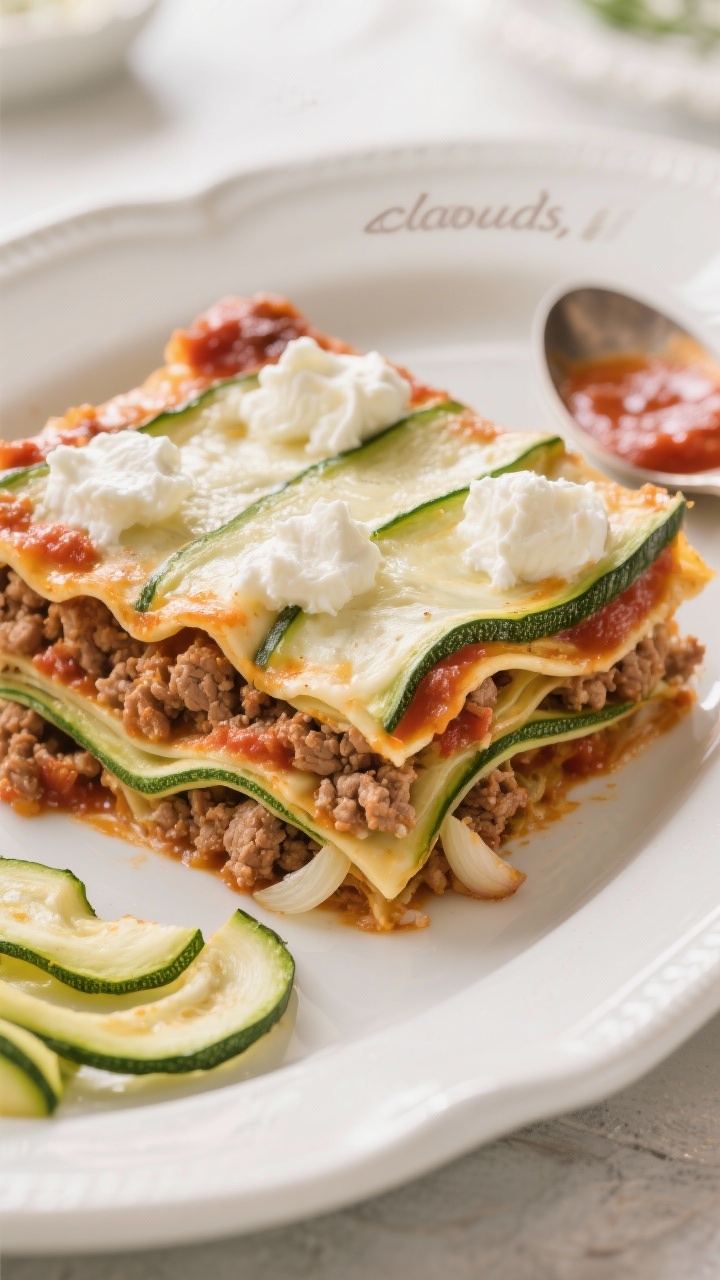 45-degree angle plated slice of Zucchini Lasagna Casserole: thin lengthwise ribbons of zucchini (salted and patted dry) layered with browned ground turkey, sautéed minced onion and garlic, rich marinara, and pillowy dollops of ricotta “clouds,” finished with melted mozzarella; cross-section clearly showing distinct zucchini sheets and creamy ricotta swirls; served in a white ceramic dish with extra zucchini ribbons and a spoonful of sauce on the side; clean, bright light for an Italian comfort-food vibe.