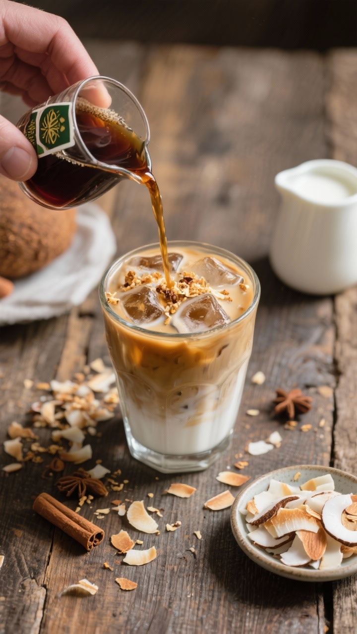 45-degree angle process shot for Toasted Coconut Chai Iced Latte (Sugar-Free): a low glass filled with ice receiving a pour of chai-black tea concentrate blend (2 chai bags in 1 cup hot water plus 1/2 cup strong black tea) and a mix of unsweetened almond milk and unsweetened coconut milk; toasted coconut flakes sprinkled on top and around, warm chai spices visible in the liquid; set on a rustic wooden table with a small dish of coconut flakes and a milk frothing pitcher; cozy, creamy, café-style mood.