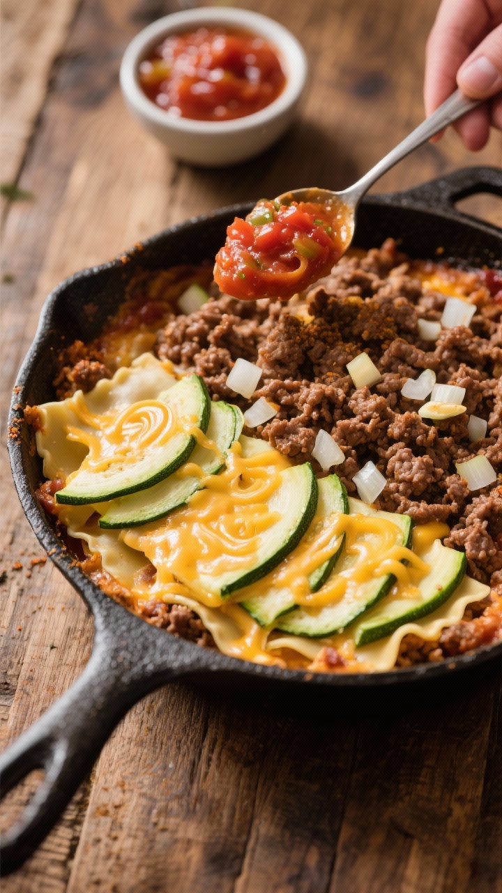 45-degree angle process shot of a cheesy taco zucchini casserole being layered in a cast-iron skillet: browned 80/20 ground beef with diced onion and minced garlic seasoned with sugar-free taco seasoning, a spoonful of no-sugar salsa swirled through, long lengthwise zucchini ribbons fanned like lasagna sheets, sprinkled with melty cheese; a small bowl of extra salsa in the background, rustic wooden table, warm tones, no people.