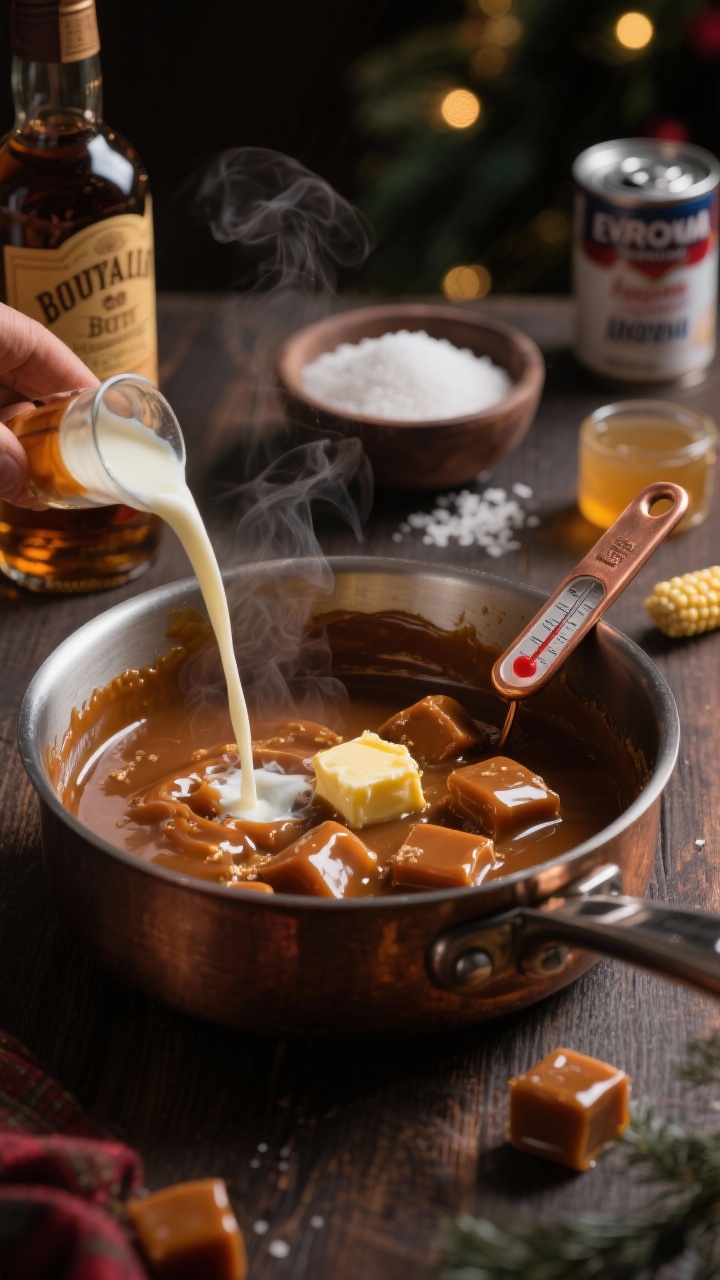 45-degree angle process shot of brown butter & bourbon caramels in a heavy-bottomed saucepan: deeply toasted butter foam settling into a mahogany caramel, a thin ribbon of heavy cream being stirred in, with visible bourbon bottle in the background and flaky sea salt in a pinch bowl. Include granulated sugar, light corn syrup, and a can of evaporated milk staged nearby. Steam rising, copper candy thermometer clipped to the pot, moody holiday vibe with dark wood and soft bokeh lights, emphasizing nutty brown-butter gloss and toasty amber tones.