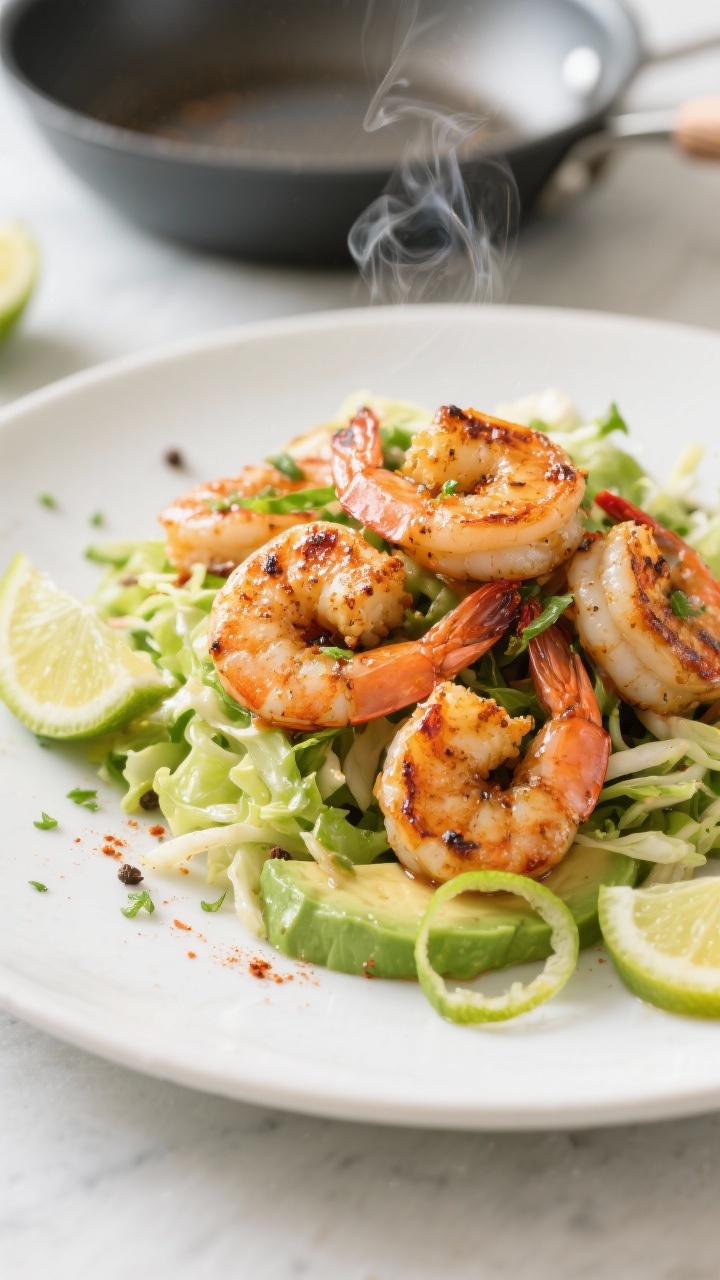 45-degree angle, quick skillet-to-plate scene: chili-lime shrimp seared with olive oil, chili powder, smoked paprika, cumin, kosher salt, black pepper, and fresh lime zest, piled over a vibrant avocado cabbage slaw; lime halves and zest curls scattered, light steam rising, glossy shrimp with slight char, served on a matte white plate against a bright, fresh setup.