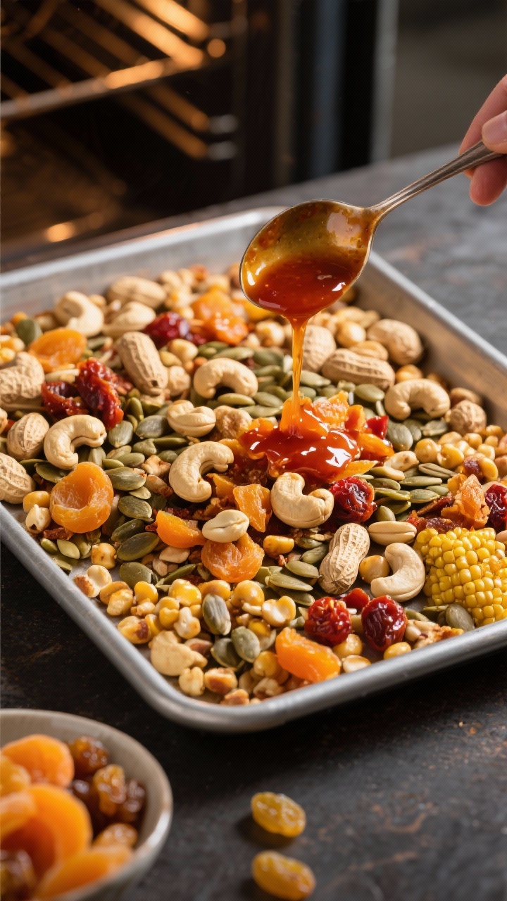 45-degree angle roasting-and-glaze shot for Savory Maple Sriracha Mix: raw cashews, raw peanuts, pumpkin seeds, sunflower seeds, and corn nuts spread on a rimmed baking sheet, being drizzled with a glossy maple–Sriracha mixture from a spoon; chopped dried apricots and golden raisins in a separate bowl to be added after roasting; warm oven glow, sticky-sweet and spicy sheen, dynamic action, high clarity.