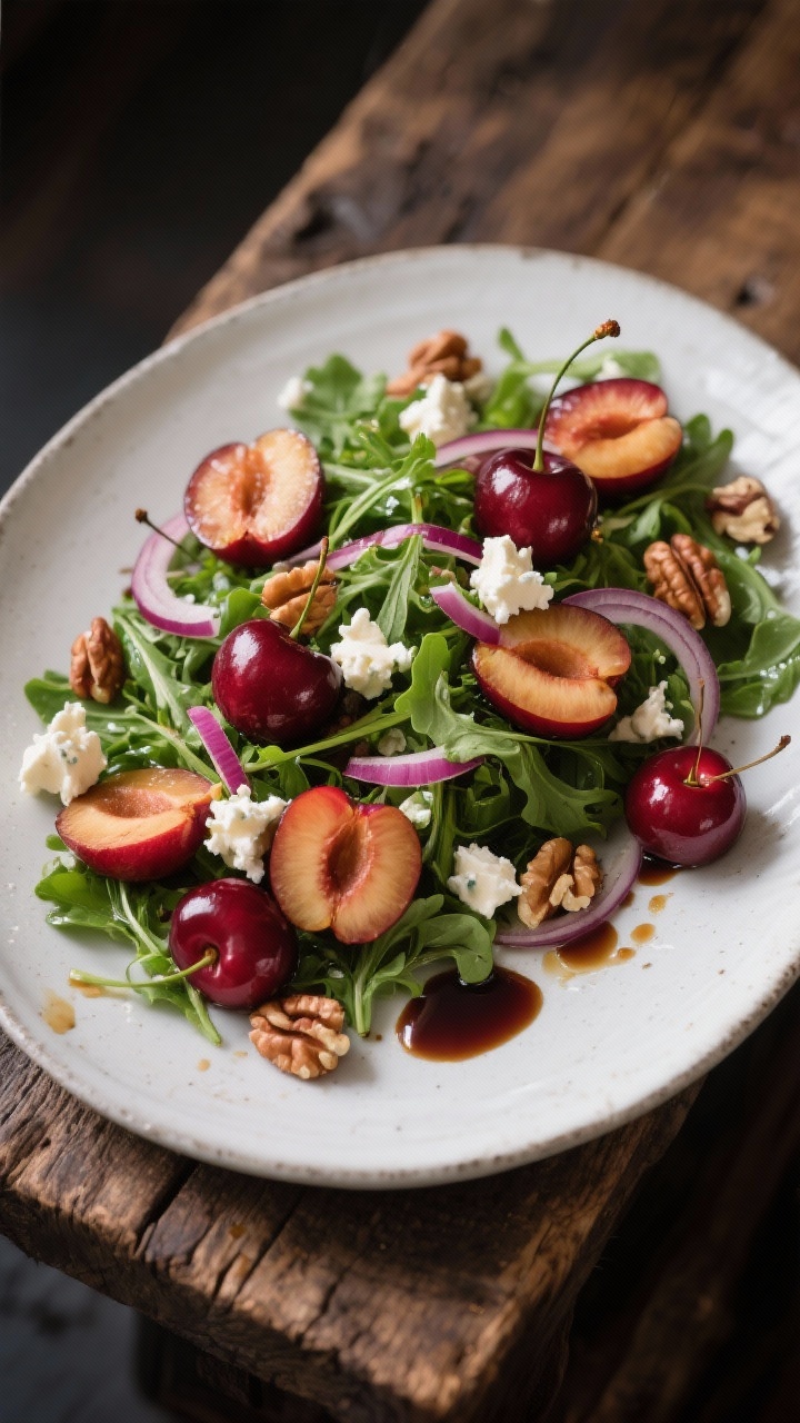 45-degree angle rustic plate of cherry plum herb salad: pitted halved sweet cherries and plum wedges tossed with a bed of arugula/baby spinach, very thin red onion slivers, crumbled goat cheese, and toasted hazelnuts; a balsamic drizzle pooling slightly on the plate; moody wood tabletop, side light emphasizing jewel-toned fruit and creamy cheese texture.