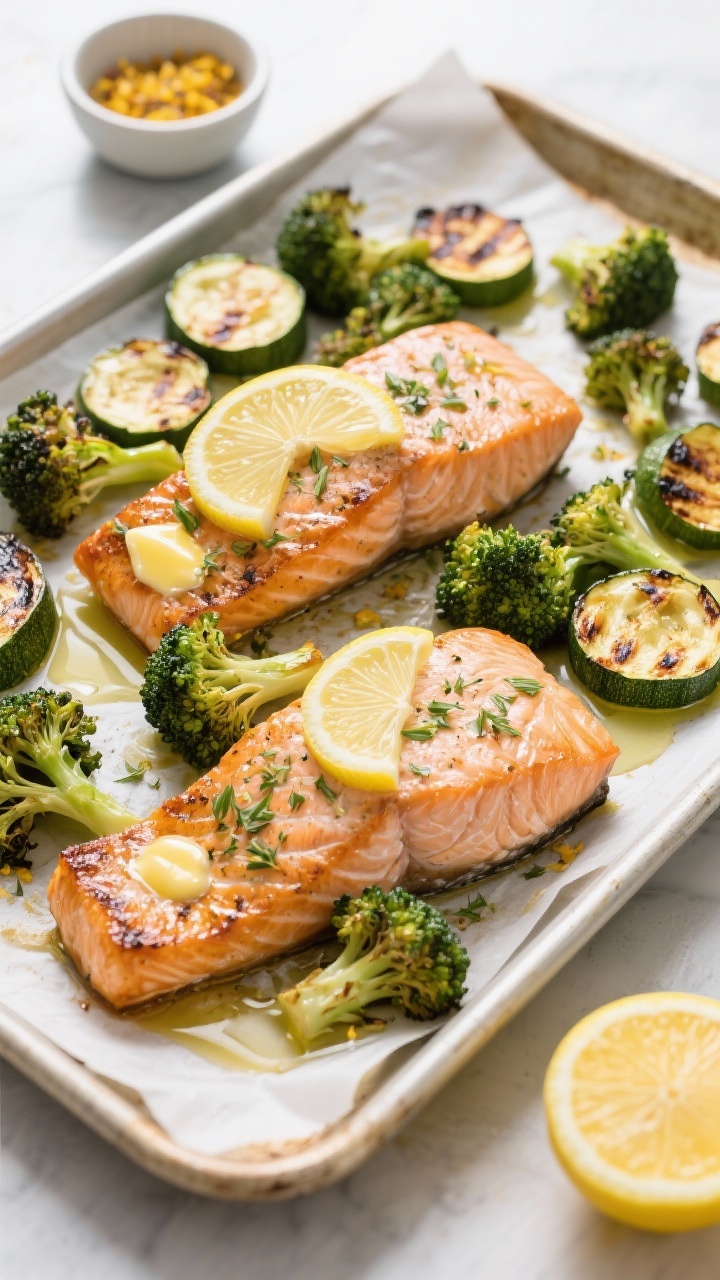 45-degree angle sheet-pan dinner scene: lemon herb salmon fillets (skin-on) with crisped edges, nestled among roasted broccoli florets and half-moon zucchini. Visible pats of melted butter mingled with olive oil, lemon zest speckling the salmon, thin lemon slices roasted alongside. Shot on the baking sheet lined with parchment, with charred tips on the greens, a small bowl of extra lemon zest and a halved lemon in frame. Bright, clean light to highlight caramelization and vibrant greens.