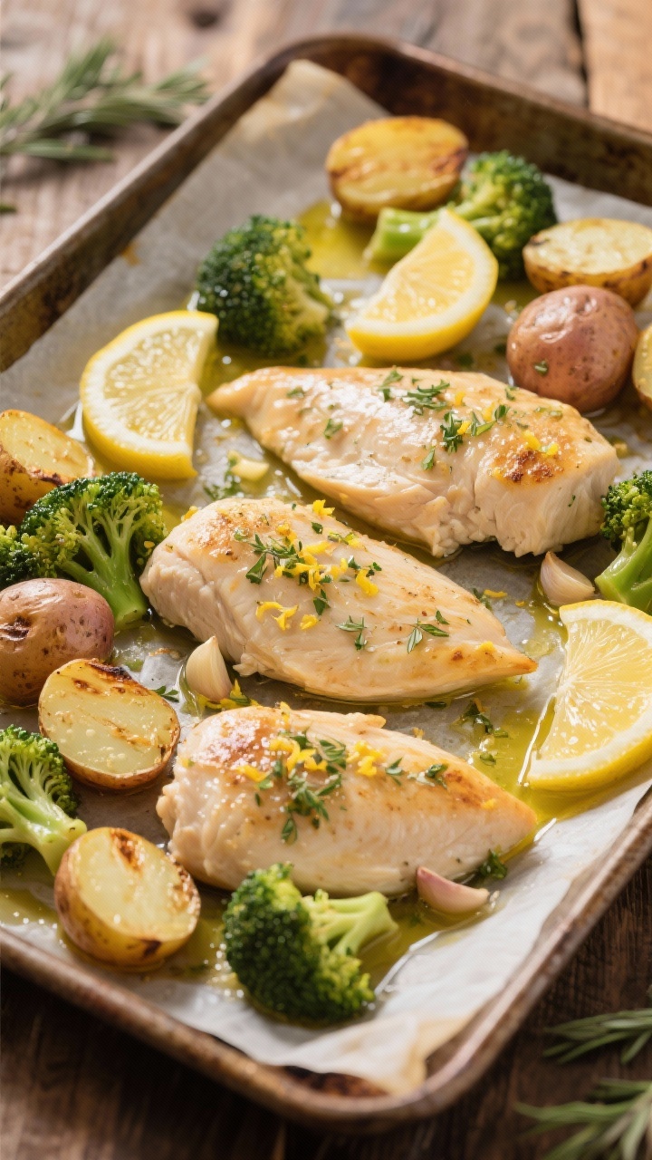 45-degree angle sheet-pan scene of Lemon Herb Chicken meal prep: boneless, skinless chicken breasts arranged with halved baby potatoes and broccoli florets on a parchment-lined pan, glistening with 2 tablespoons olive oil, lemon zest and juice, minced garlic, salt and pepper; lemon slices tucked around, herbs sprinkled; golden edges on potatoes, slightly charred broccoli tips; rustic baking tray on a wooden table, ready-to-serve feel.