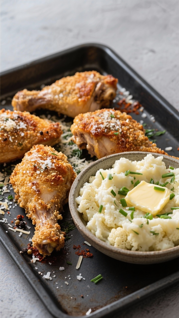 45-degree angle, sheet-pan to plate scene: Crispy Parmesan-crusted chicken thighs, bone-in skin-on, deeply golden with crackling skin, sprinkled with sea salt, garlic powder, onion powder, paprika, black pepper, and grated Parmesan. Beside them, a rustic bowl of herb cauli-mash made from a large head of cauliflower, whipped creamy with butter and herbs, topped with a pat of melting butter and chives. Matte dark plate, clean keto vibe, minimal props.