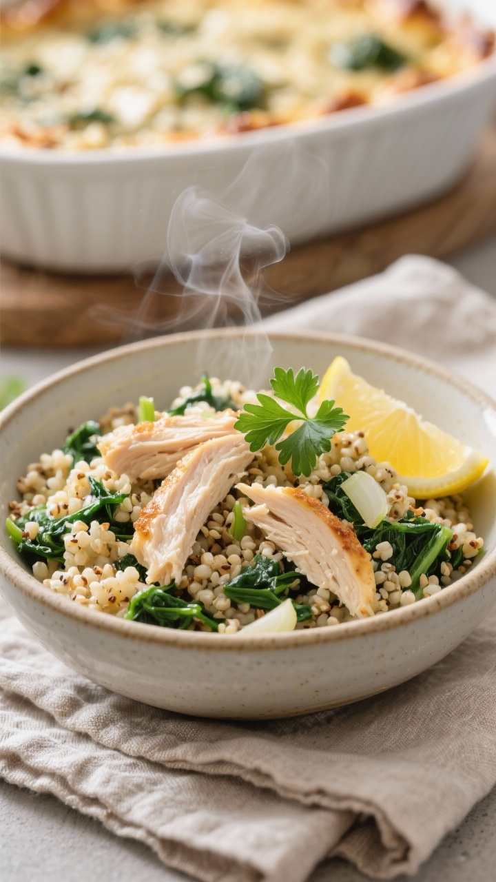 45-degree angle shot of a High-Protein Quinoa Chicken Florentine Bake scooped into a shallow ceramic bowl: fluffy quinoa studded with shredded chicken breast, well-drained frozen chopped spinach, minced shallot, and garlic, lightly browned at the edges; steam rising, garnished with fresh parsley and a squeeze of lemon; the casserole dish sits in the background on a linen napkin, conveying hearty yet wholesome comfort.