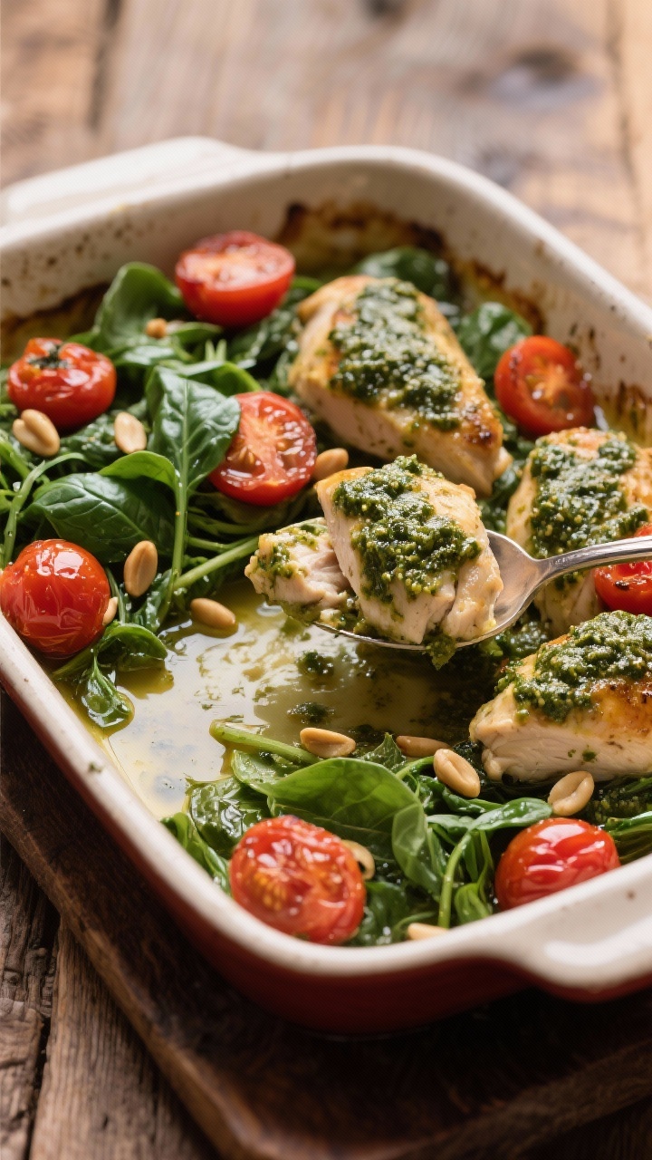 45-degree angle shot of a Pesto Florentine Chicken Bake with Cherry Tomatoes in a rustic casserole: tender chicken pieces blanketed in glossy basil pesto, halved cherry tomatoes bursting and blistered, and mounds of just-wilted baby spinach; a light pooling of low-sodium chicken broth at the base for a saucy finish; sprinkled pine nuts and torn basil for aroma; set on a wooden table with a spoon lifting a serving, inviting and aromatic.