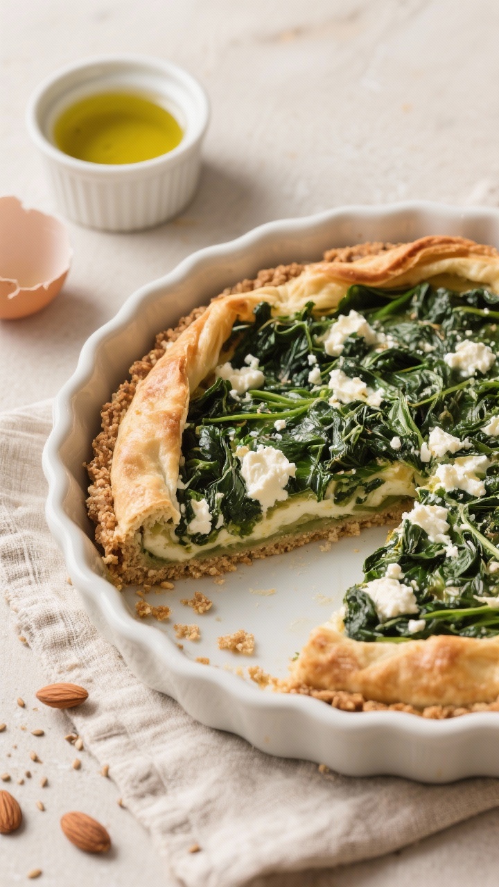 45-degree angle shot of a savory spinach-feta “spanakopita” pie without phyllo, baked in a shallow round dish with an almond flour–flaxseed crust. The crust edge looks nutty and rustic; filling visibly studded with wilted spinach and creamy feta. Include a side ramekin of olive oil and a cracked egg near the pie to hint at the crust ingredients (almond flour, ground flaxseed, sea salt, baking powder, olive oil, egg). Warm, Mediterranean vibe with a linen napkin; clean, appetizing slice pulled slightly out to show layers.