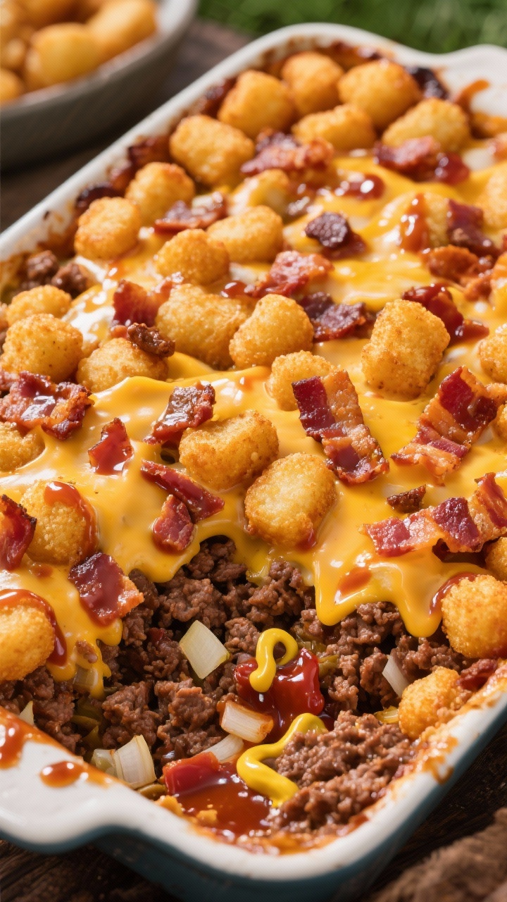 45-degree angle shot of BBQ bacon cheeseburger tater tot casserole fresh from the oven: crumbled ground beef with diced onion and garlic tossed in BBQ sauce, ketchup, yellow mustard, Worcestershire, and a hint of chili powder, smothered with melted cheddar and crispy bacon bits, crowned with an even, deeply golden layer of tater tots; drips of sticky BBQ glaze at the edges, playful backyard cookout mood, saturated colors, glossy highlights.