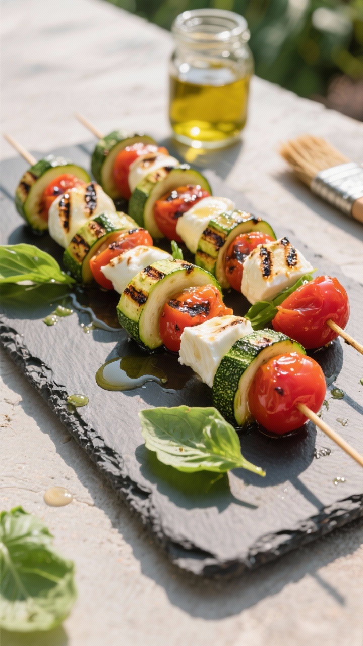 45-degree angle shot of charred zucchini Caprese skewers arranged on a slate platter: grilled ribbons or coins of zucchini alternated with ciliegine mozzarella and vibrant cherry tomatoes, glossy with basil oil and a drizzle of olive oil, scattered fresh basil leaves, light grill marks visible, set on an outdoor-feel surface with a small jar of basil oil and brush in frame, bright summertime lighting, Italian appetizer mood.