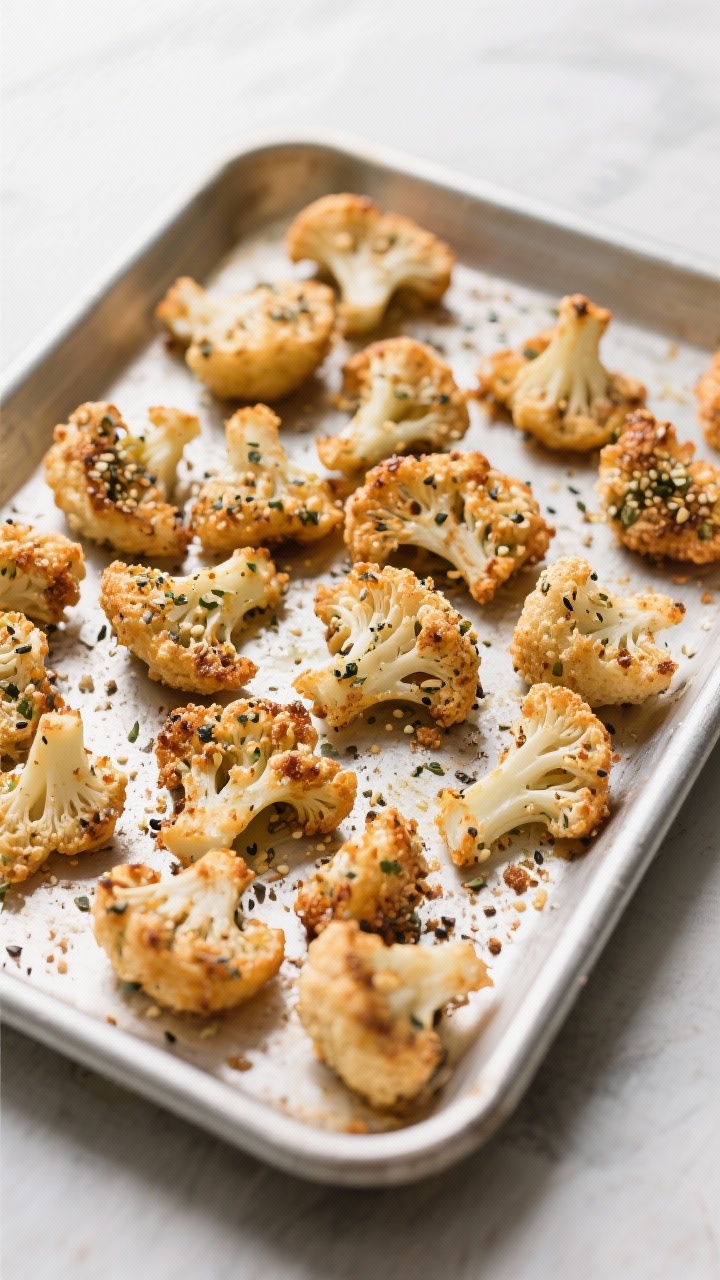 45-degree angle shot of crispy everything-bagel cauliflower bites on a rimmed baking tray: