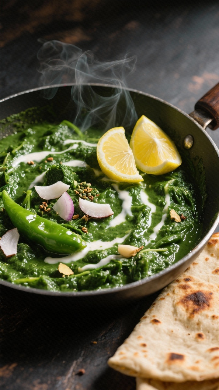 45-degree angle shot of green veggie saag with silky coconut and lemon in a wide skillet: lush emerald-green purée made with onion, garlic, ginger, optional green chili, ground cumin, garam masala, and coconut for gloss, finished with a squeeze of lemon for brightness. Drizzle of coconut cream on top, lemon wedges and warm roti alongside. Moody, directional light to highlight the sheen and velvety texture, subtle steam rising.