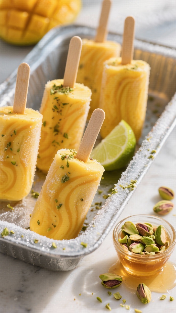 45-degree angle shot of mini mango lassi pops pulled from a frosty metal loaf pan: vibrant golden mango-yogurt pops speckled with ground cardamom, slight frost on the surface, sticks upright; lime wedges and a ramekin of finely chopped pistachios for dusting scattered nearby; honey drizzle in a tiny glass, sunlit warm tones, bright Indian-inspired color palette, focus on creamy mango swirl and green pistachio dust.