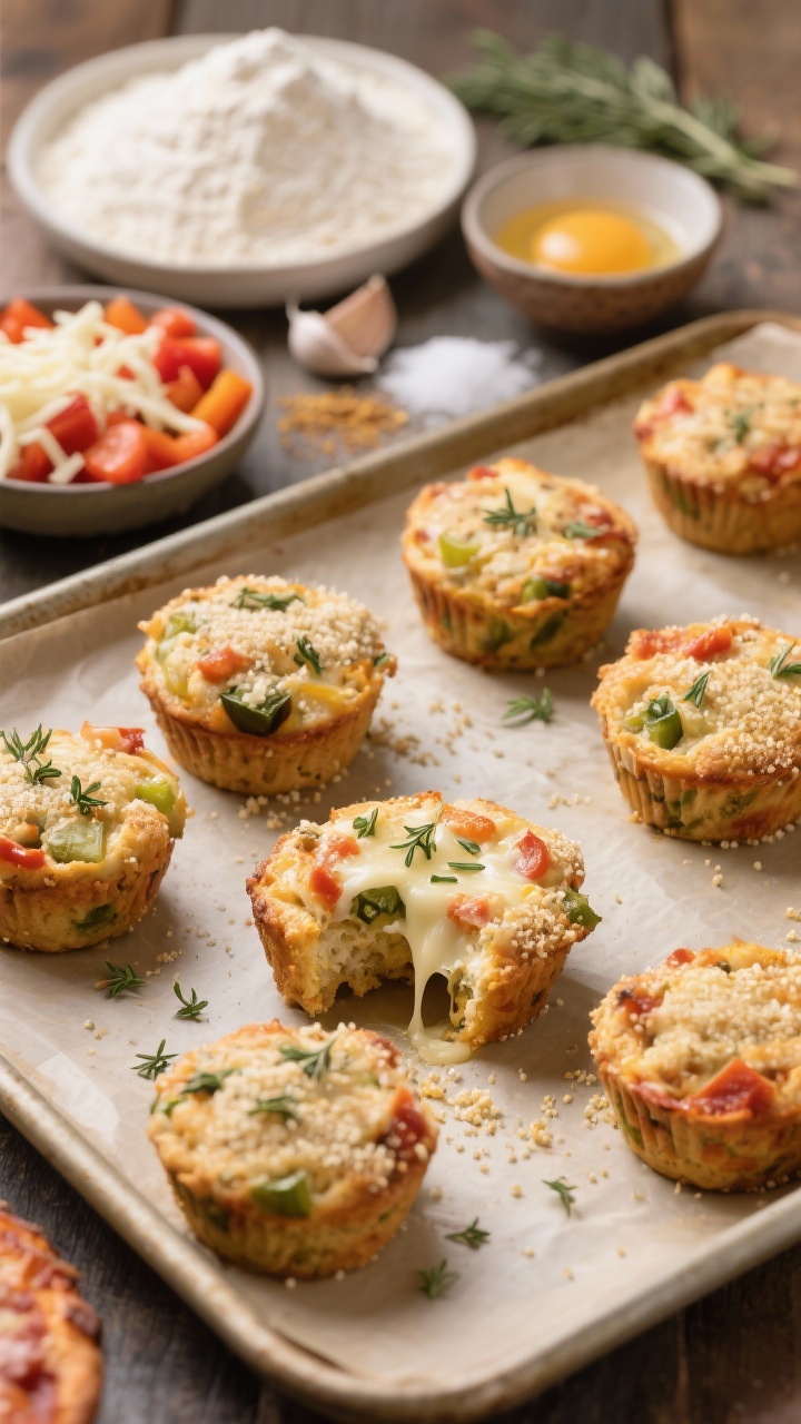 45-degree angle shot of savory veggie-loaded pizza muffins on a parchment-lined baking sheet, tops dotted with visible oregano and a light cornmeal crumb; ingredient scatter in background: white whole wheat flour, fine cornmeal, baking powder, garlic powder, dried oregano, salt, beaten eggs in a bowl; optional pizza add-ins shown as prepped bowls of diced bell pepper and shredded mozzarella to imply pizza flavor; warm, rustic kitchen mood, shallow depth of field, appetizing cheese pull on one torn muffin.