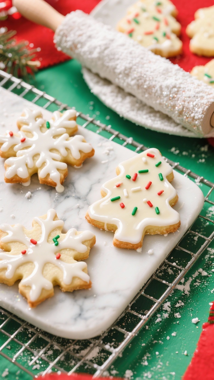 45-degree angle shot of sparkling cut-out sugar cookies: snowflake and tree shapes made from the base dough, lightly dusted rolling pin and flour-scattered marble, cookies glazed with a glossy vanilla glaze (powdered sugar and milk) and topped with festive holiday sprinkles; some cookies set on a wire rack dripping glaze, others finished on a white platter; bright, cheerful styling with red and green accents, crisp detail on the glaze sheen.
