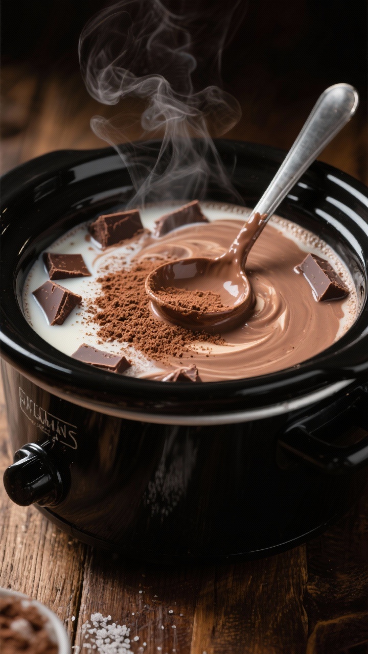 45-degree angle shot of ultra-creamy slow-cooker party hot chocolate in a matte-black crock pot: whole milk (or milk plus half-and-half) swirling with sifted unsweetened cocoa powder, granulated sugar dissolving at the edges, and melting semisweet chocolate pieces forming glossy pools; ladle resting on the rim with thick, velvety cocoa clinging; soft steam rising; warm wood table, low-key moody lighting to emphasize richness and crowd-pleasing comfort.