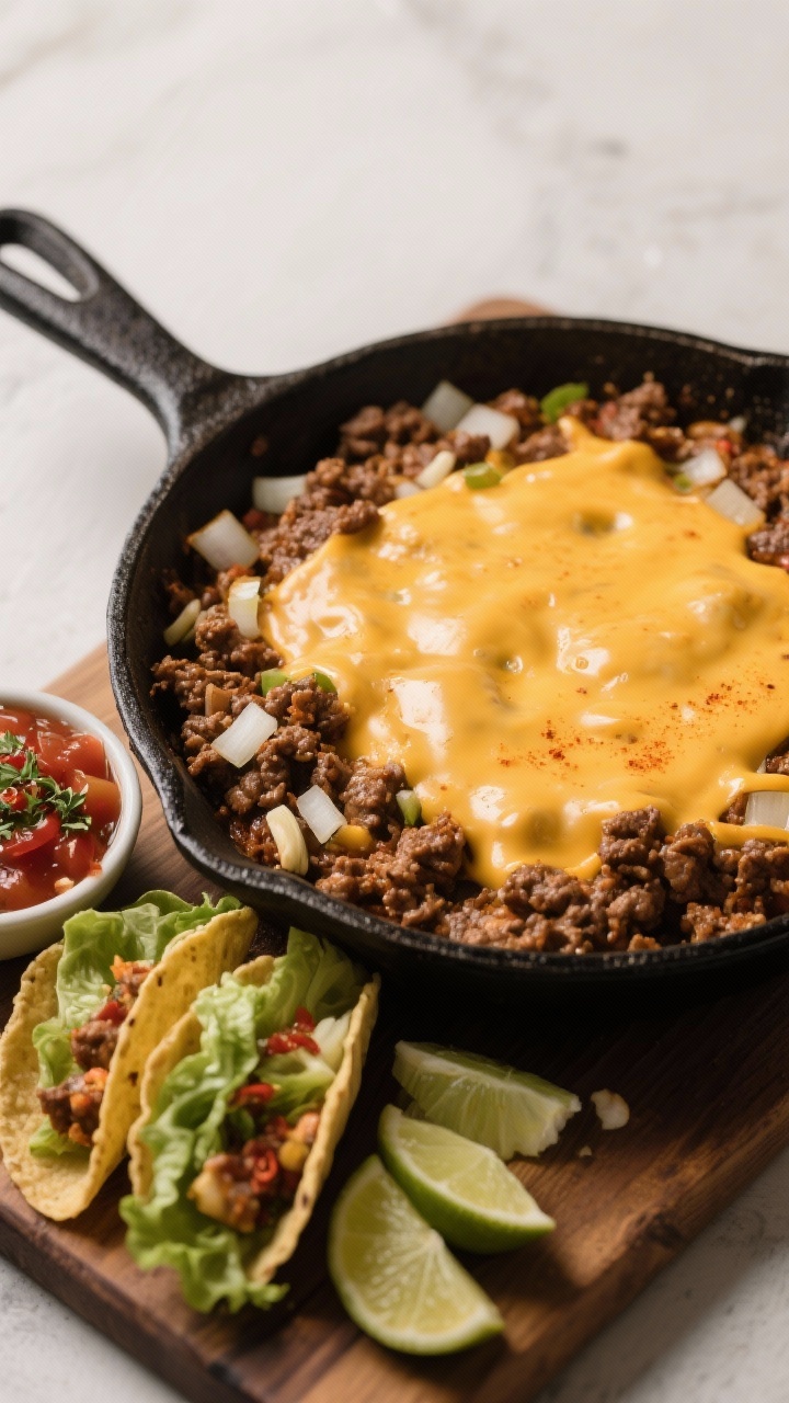 45-degree angle skillet action shot of a cheesy taco mixture: browned ground beef simmering with diced onion, minced garlic, chili powder, cumin, paprika, oregano, sea salt; a blanket of melted cheese across the top, edges bubbling; a side arrangement of crisp lettuce cups ready for filling, with lime wedges and a small bowl of salsa; rustic cast-iron pan on a wooden board, warm, family-friendly comfort.