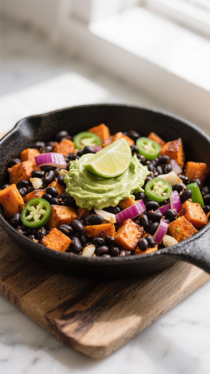 45-degree angle skillet of speedy black bean sweet potato dinner: caramelized diced sweet potato with red onion, jalapeño, and garlic, tossed with black beans; topped with a swirl of silky avocado crema and a squeeze of lime; vibrant orange, black, and green color contrast; cast-iron skillet on a rustic board, bright natural window light.