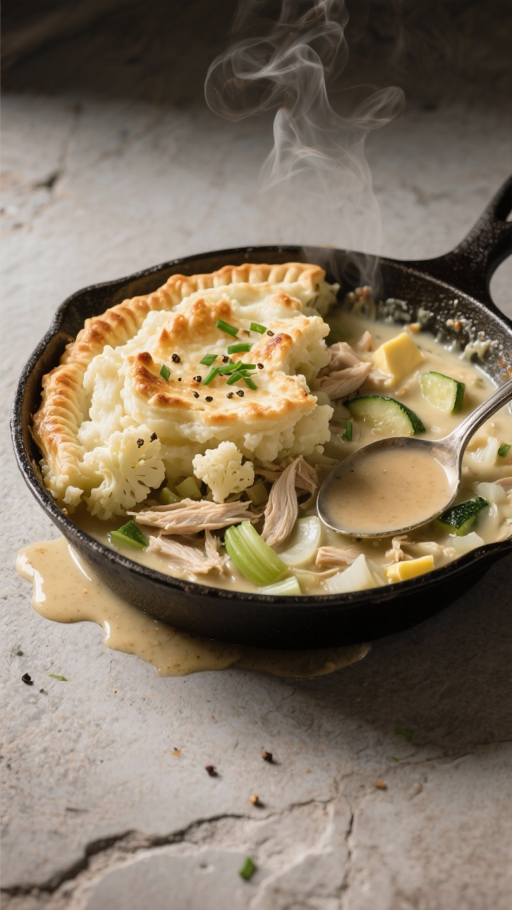 45-degree angle skillet scene of a cauliflower mash–topped weeknight pot pie: a cast-iron pan filled with a creamy chicken base (butter, olive oil, diced onion, celery, zucchini, shredded chicken, chicken broth, heavy cream) crowned with silky cauliflower mash ridges lightly browned. Spoon marks visible, flecks of pepper and chives on top, a ladle of rich sauce pooling at the edge. Neutral stone backdrop, moody side light, steam rising for comforting feel.
