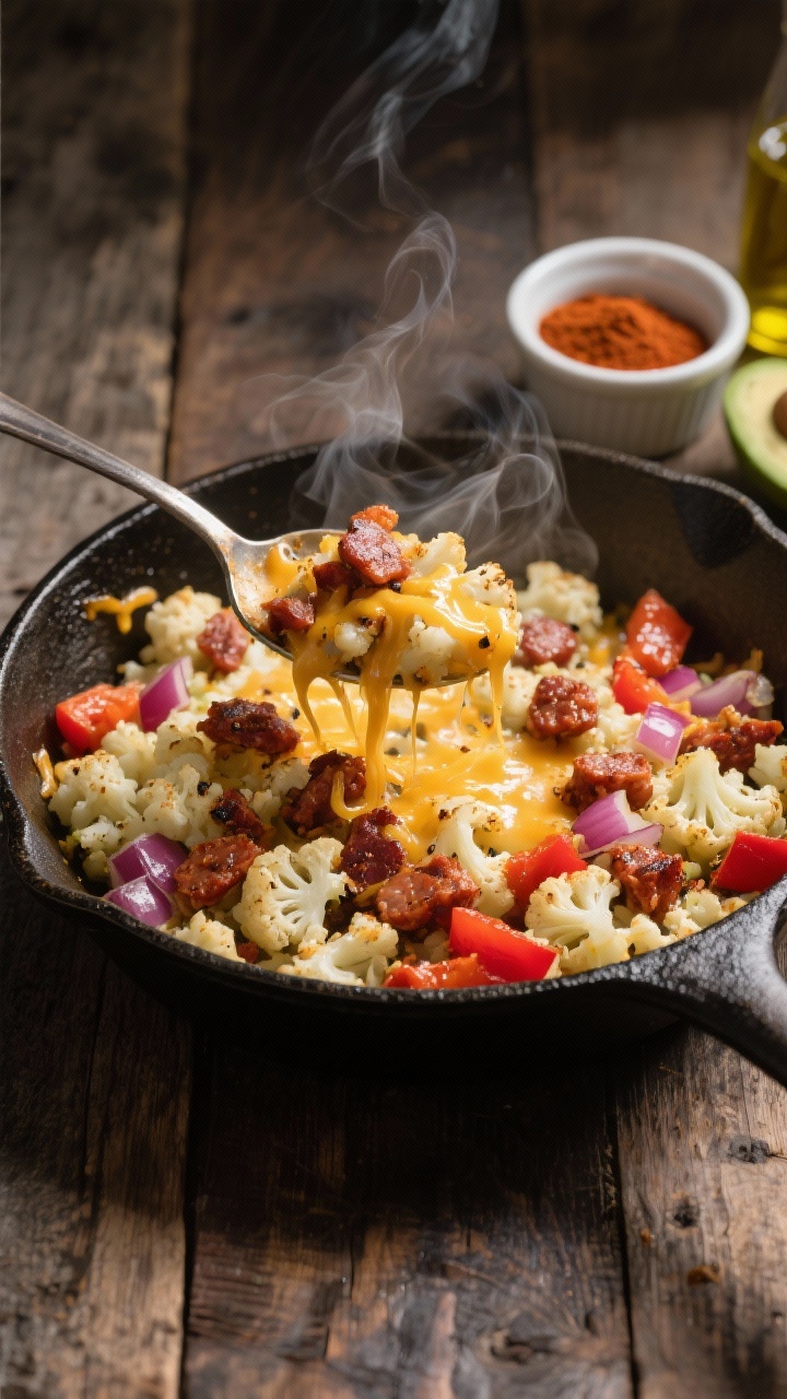 45-degree angle skillet scene of a cheesy chorizo cauliflower “hash” sizzling in a cast-iron pan: crumbled fresh chorizo browned and mingling with riced cauliflower, diced red onion, and red bell pepper, all glistening in olive oil, lightly charred bits visible, steam rising; a spoon scooping a portion to reveal melty cheese threads and smoky seasoning, on a rustic wooden table with a small ramekin of smoked paprika and a drizzle of avocado oil nearby.