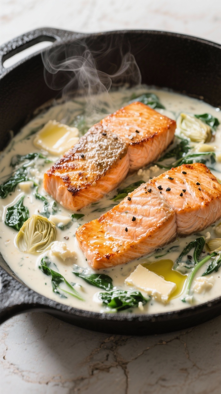 45-degree angle skillet scene of seared salmon fillets, skin-on and crisped, nestled in a creamy spinach-artichoke sauce; steam rising from a velvety mix of heavy cream and softened cream cheese with minced garlic; butter swirls melting into the sauce; sprinkled sea salt and black pepper visible on the salmon; olive oil gloss, served in a matte black pan on a light stone background, bright yet soft natural light.