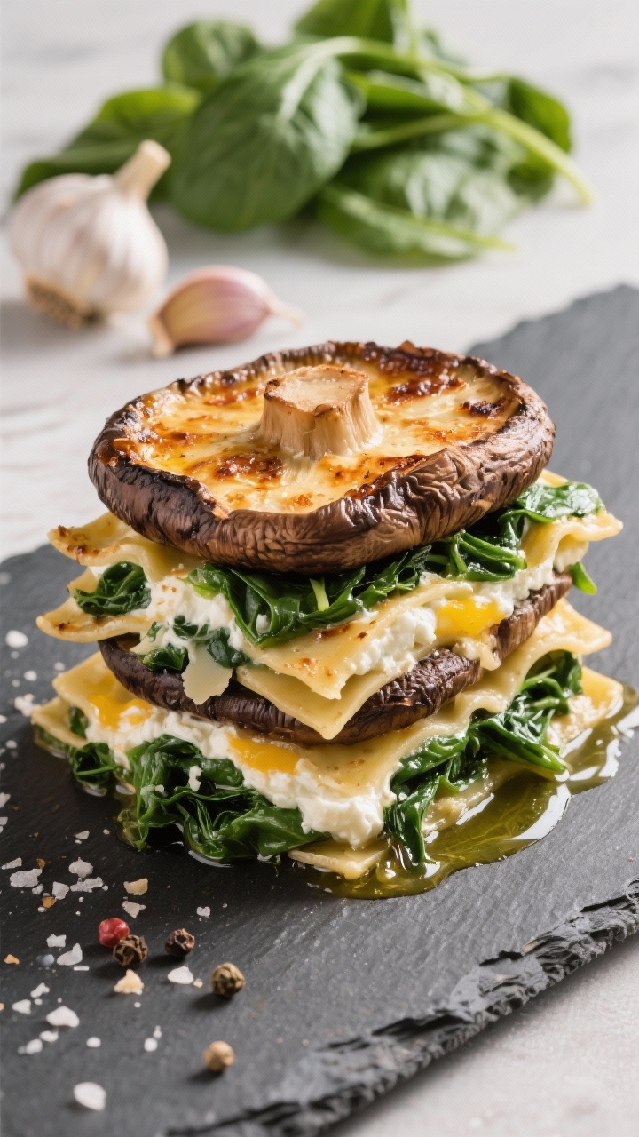 45-degree angle stack of Portobello Cap Lasagna: roasted portobello mushroom caps layered with garlicky sautéed spinach, ricotta mixed with egg and Parmesan, and a gloss of olive oil; the caps are juicy with caramelized edges, ricotta slightly browned, spinach vibrant and silky; plated on a slate with a sprinkle of sea salt and cracked pepper, garlic cloves and baby spinach in the background, clean modern styling.