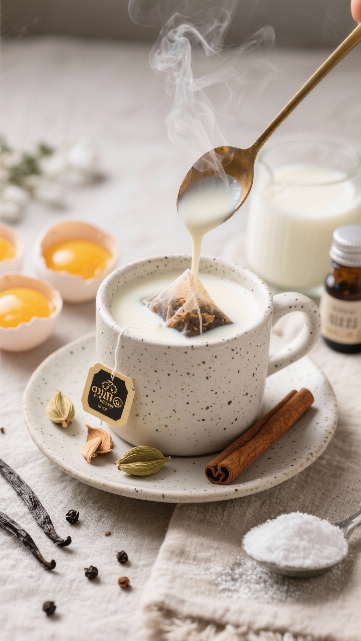 45-degree angle steam-kissed scene of chai-spiced eggnog being ladled into a speckled mug, creamy off-white with specks of chai. A chai tea bag (or loose-leaf chai in an infuser) rests on a saucer, with cardamom pods, cinnamon stick, and black peppercorns scattered. Include unsweetened almond milk, heavy cream, three egg yolks, powdered allulose, and a bottle of vanilla extract in soft focus. Neutral linen, soft winter daylight, aromatic mood.