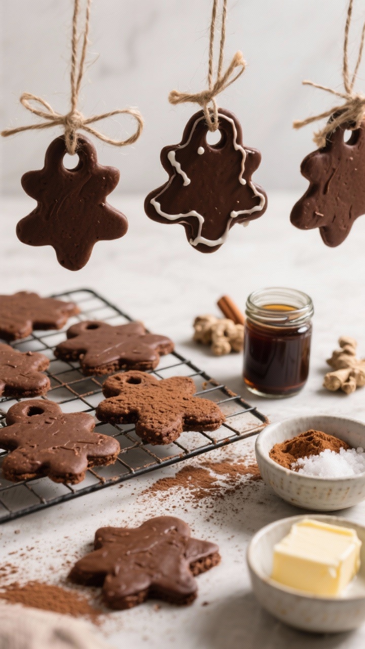 45-degree angle styled scene of chocolate molasses gingerbread ornament cookies cooling on a rack, deep cocoa-brown with clean cut-out holes and twine threaded for hanging. Show Dutch-process cocoa powder dusted on the surface, a small jar of molasses, bowls of ground ginger, cinnamon, fine sea salt, baking soda, and softened butter nearby. Some cookies iced minimally for contrast; others plain to showcase chocolatey crumb. Festive yet minimal backdrop, soft directional light, crisp detail on edges and hanging holes.