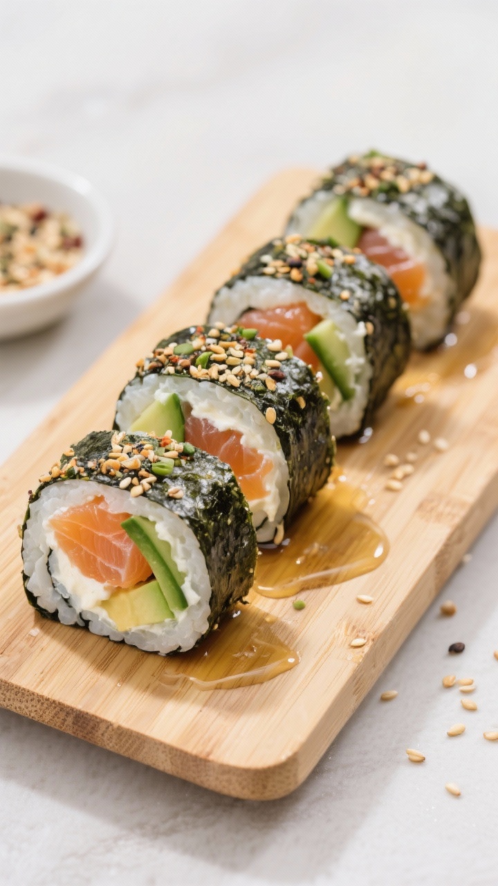 45-degree angle sushi-board scene of smoked salmon and cucumber nori rolls: tight nori cylinders filled with cream cheese, smoked salmon, thin cucumber batons, and avocado slices, edges sprinkled with everything bagel seasoning and brushed lightly with sesame oil for sheen. Rolls are sliced cleanly to showcase layers, arranged neatly on a bamboo board with a small dish of extra seasoning and a few sesame seeds scattered; minimal, crisp styling.