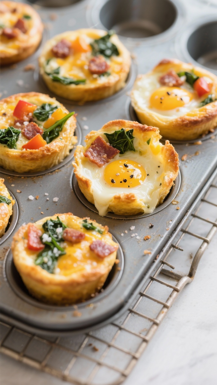 45-degree angle tray shot of Cheesy Egg Muffins fresh from the oven: golden, puffed egg cups studded with melted cheddar/mozzarella, chopped spinach, diced bell peppers, and bits of cooked bacon/sausage; visible flecks of black pepper and sea salt; a few muffins cut open to show gooey cheese interior; muffin tin on a cooling rack with light morning ambiance for grab-and-go breakfast mood.