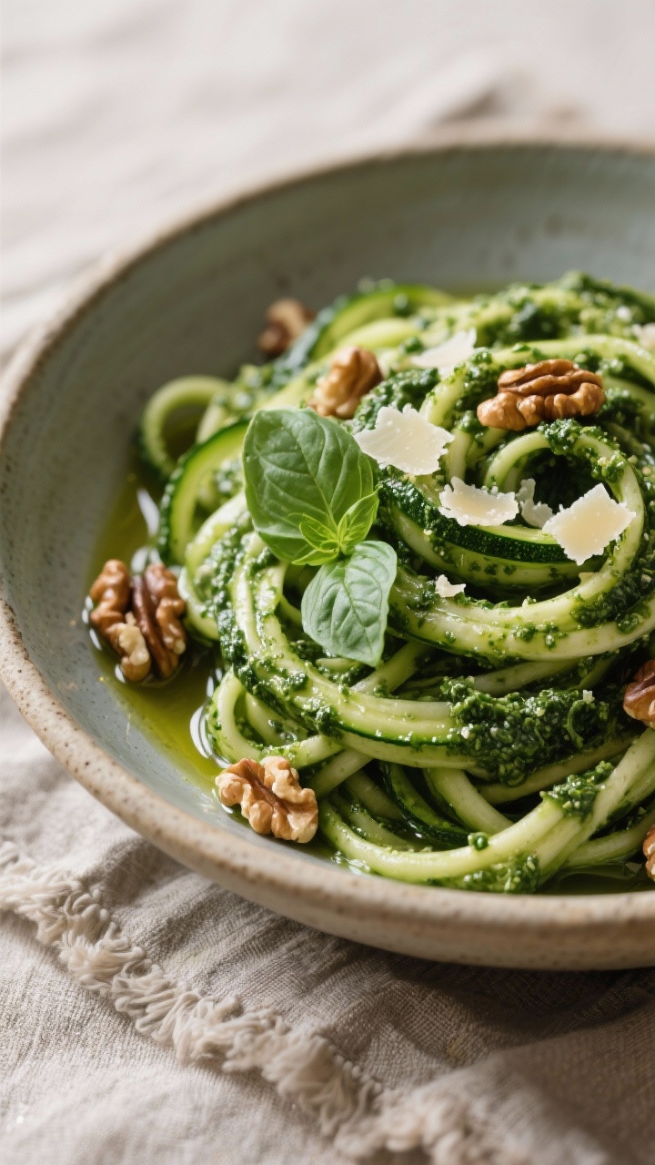 45-degree angle twirl of super-greens pesto zoodles: glossy zucchini noodles coated in a deep green basil-spinach-kale pesto, scattered toasted walnut pieces, grated Parmesan, and a drizzle of extra-virgin olive oil; a few basil leaves tucked in, set in a shallow stoneware bowl on a rustic linen, crisp, fresh, and herb-forward.