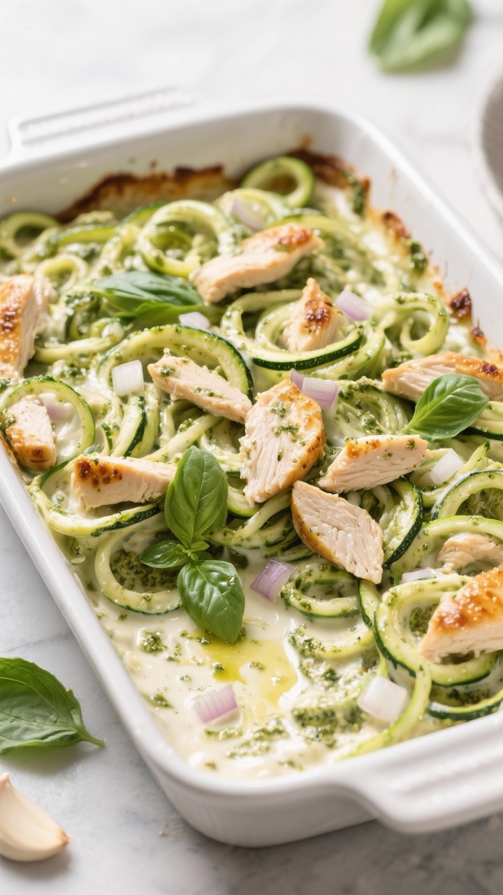 45-degree baking dish of creamy pesto chicken zoodle bake: spiralized zucchini (zoodles) intertwined with cubed/shredded cooked chicken breast, creamy pesto sauce made with heavy cream visible clinging to strands; sautéed base with olive oil, finely diced onion, and minced garlic peeking through; lightly broiled top with faint golden spots, fresh basil leaves for aroma; clean, appetizing, weeknight-ready styling.