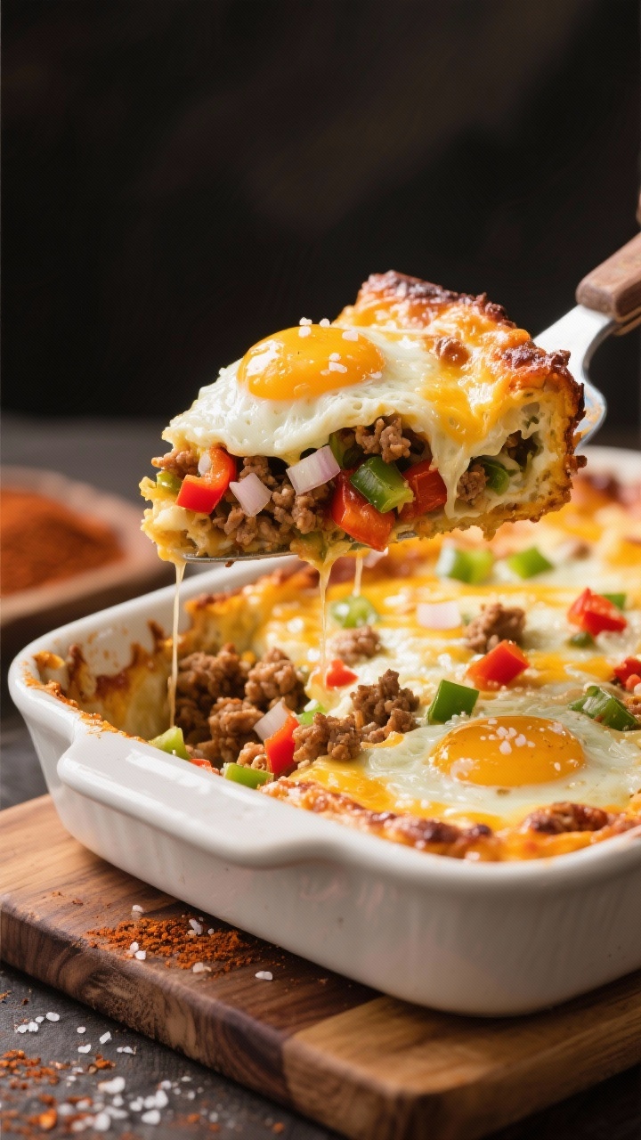 45-degree casserole reveal: cheesy taco egg bake bubbling at the edges, with browned ground chicken, diced onion, red and green bell peppers, no-sugar-added taco seasoning, and speckled melted cheese across the top; a slice lifted to show fluffy egg interior and colorful pepper bits, light sprinkling of kosher salt, served on a warm wooden board.